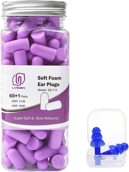 LYSIAN Foam Ear Plugs for Sleep, 60 Pairs, 38dB SNR, Purple