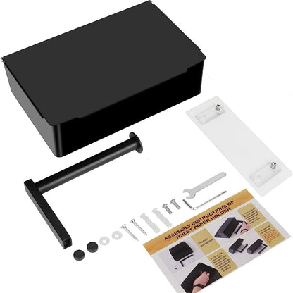Toilet Paper Holder with Storage, Shelf of Bathroom Toilet Tissue Holder, Toilet Paper Roll Holder, Black Stainless Steel Wall Mount, No Installation & Flushable Wet Wipes Storage