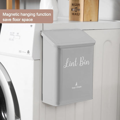 SUBEKYU Magnetic Lint Bin for Laundry Room Organization and Storage,White | Wall Mounted Metal Lint Box Holder Trash Can with Lid for Dryer,Lint Basket for Laundry Room Decor