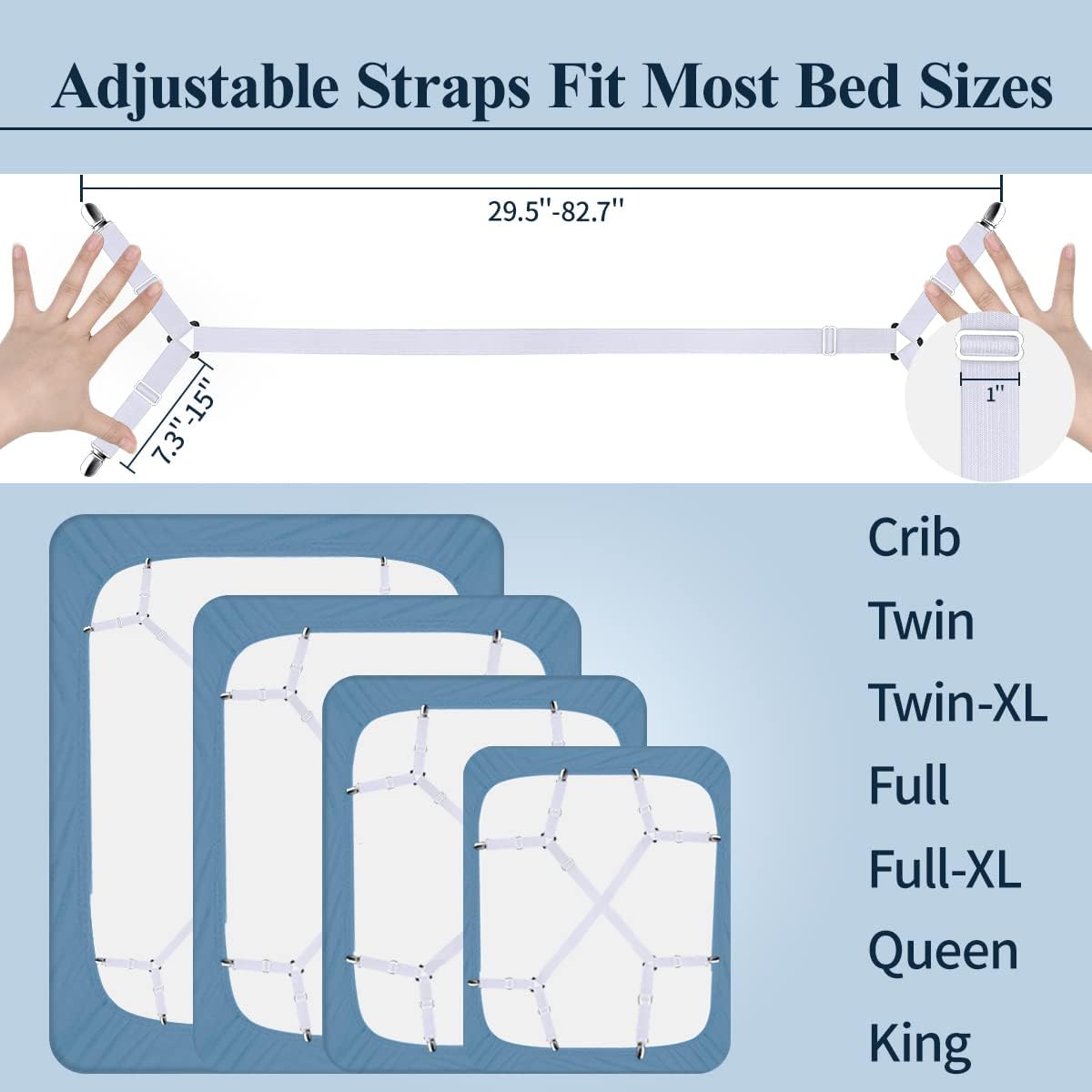 Sopito Sheet Straps, Adjustable Bed Sheet Suspenders Max Stretch from 29.5 in to 82.7 in Compatible for Crib to King Size Bed, Non Slip Holder Fasteners Clips, 2pcs/Black