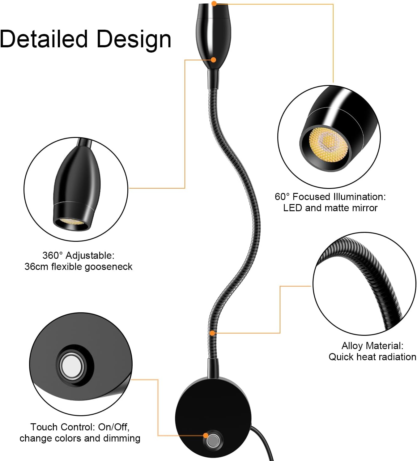 Wall Mounted LED Reading Light with 15" Flexible Gooseneck, Dimmable Book Light for Reading In Bed with USB Charging Port, Plug In Headboard Night Lights, 3 Colors Temperature, Touch Control-2 Pack