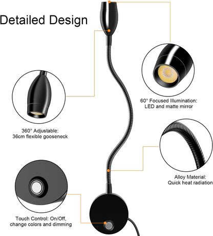 Wall Mounted LED Reading Light with 15" Flexible Gooseneck, Dimmable Book Light for Reading In Bed with USB Charging Port, Plug In Headboard Night Lights, 3 Colors Temperature, Touch Control-2 Pack
