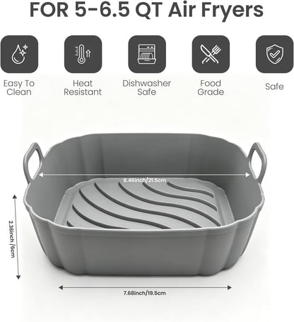 Redfly 2 Pack Silicone Air Fryer Liners,Square Reusable to 8.5in Air Fryer | Compatible with Ninja AF141 181、COSORI 5-6.5 QT Non-Stick Basket Inserts,Silicone Mat Bowl Air Fryer Accessories Kitchen