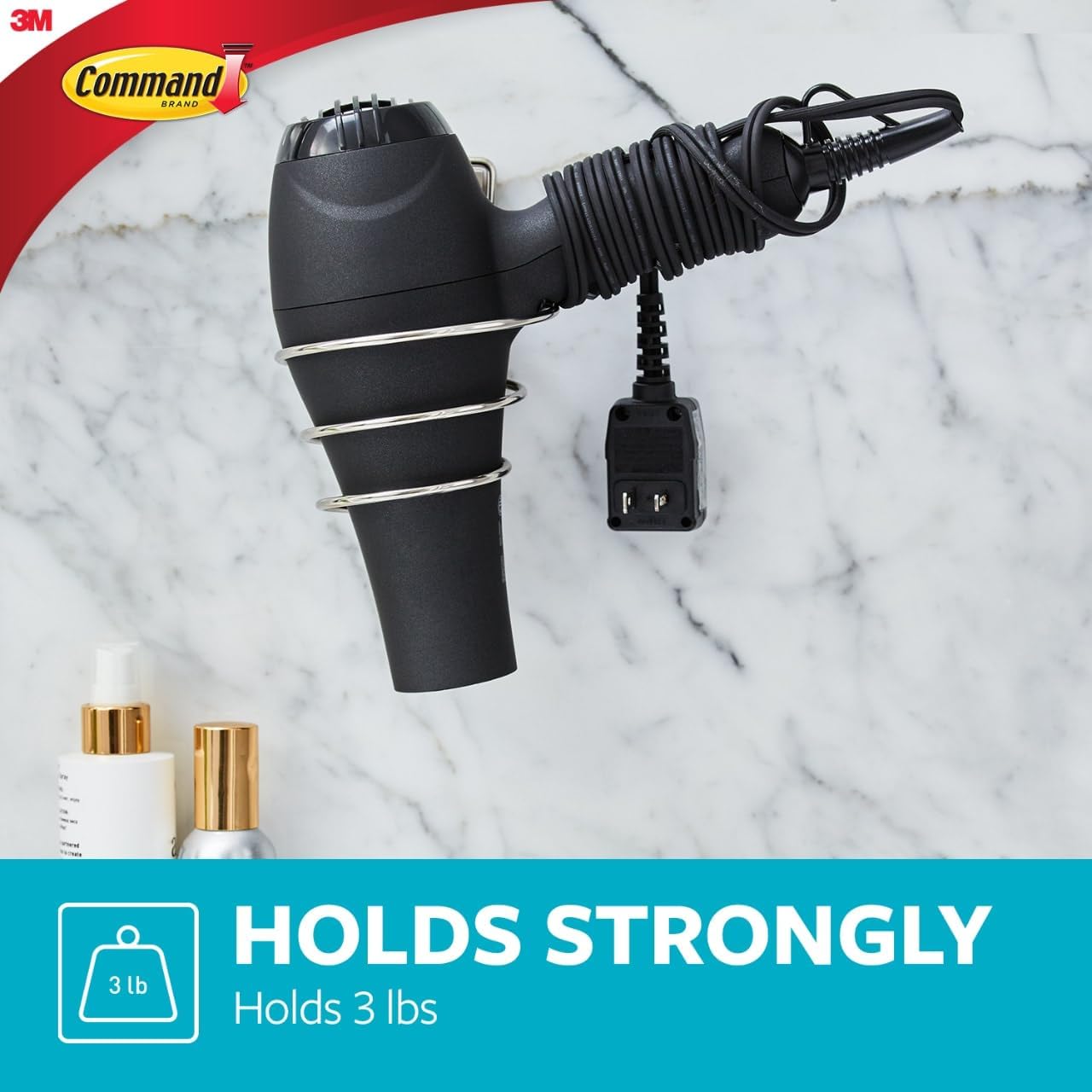 Command Hair Dryer Holder, Satin Nickel, 1 Dryer Holder, 2 Water Resistant Strips, Damage-Free Bathroom Organization and Decor | Water Resistant, Damage-Free Hanging with Adhesive Strip, No Tools