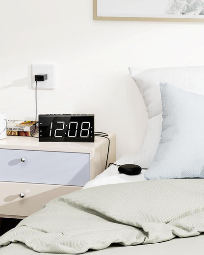 Roxicosly Alarm Clock with Bed Shaker, Vibrating Alarm Clock for Heavy Sleepers/Hard of Hearing/Deaf,Dual Alarms, 7.5’’ Large LED Display, Dimmer, USB Charging Port, Plug-in with Memory Function