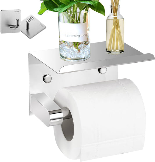 Toilet Paper Holder with Tempered Glass Shelf, Toilet Roll Holder | Modern Bathroom Design, Phone Storage Rack, Steel Construction, Wall Mount, Frosted Finish, Screws or 3M Adhesive Option