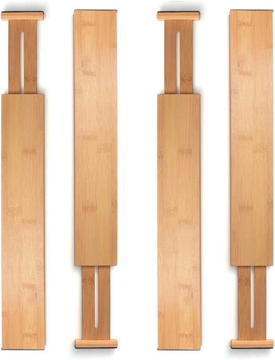 4-Pack Drawer Dividers 2.6-Inch High Dresser Organizer 16 to 22 Inch, Black | Bamboo, Spring Loaded, No Tools Needed, Fits Wide Drawers for Socks, Clothes, Utensils, Bedroom, Bathroom, Kitchen, Office