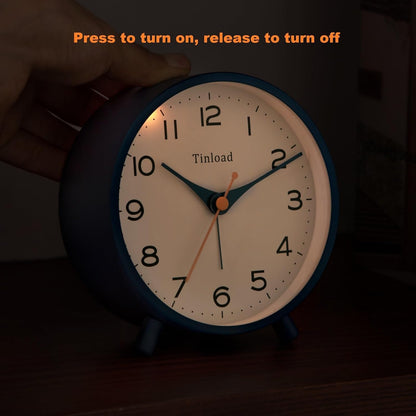 Tinload 4.5" Battery Operated Analog Alarm Clock, Small Silent Bedside Desk Clock with Night Light, Blue