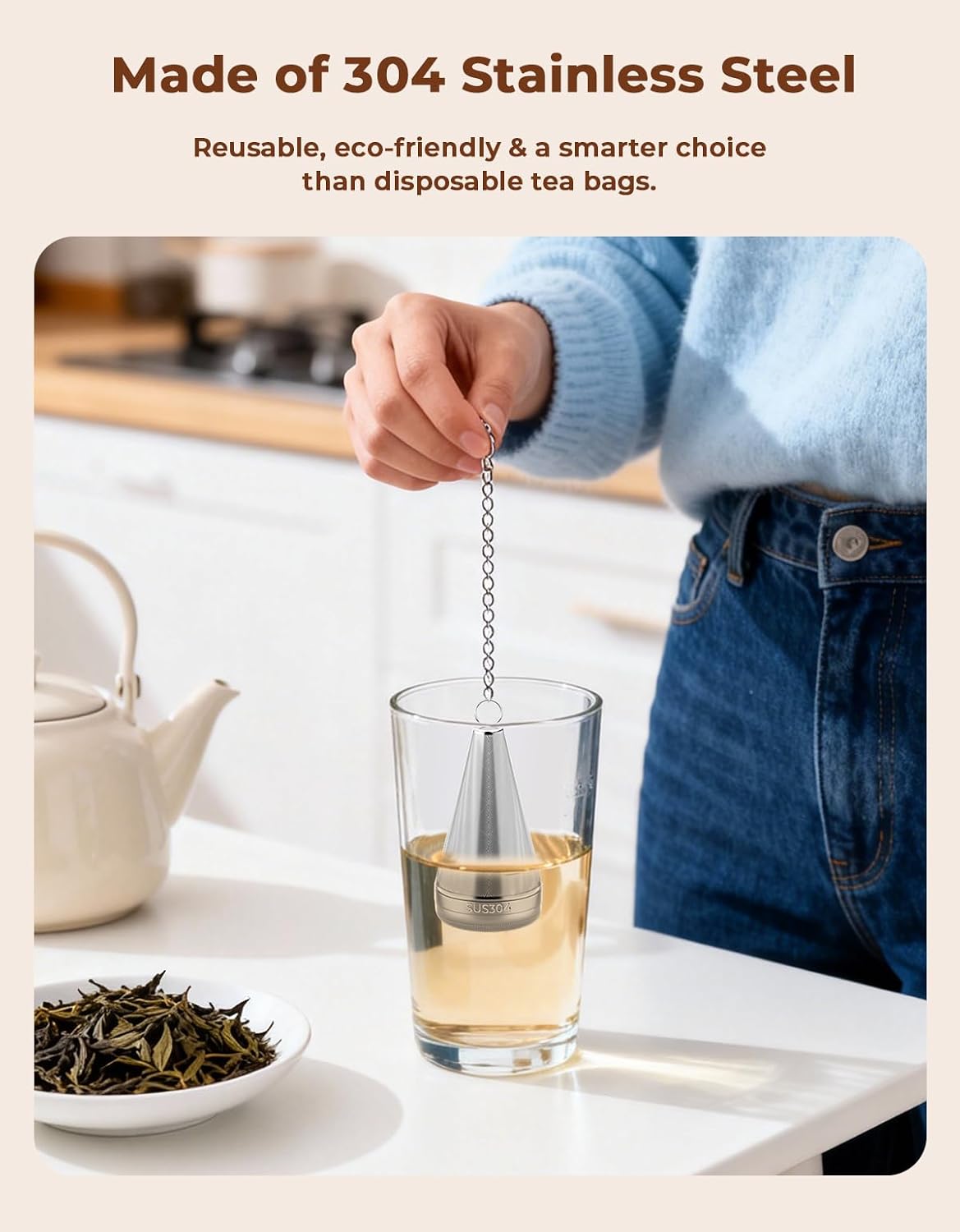 304 Stainless Steel Tea Strainer Fine Mesh Tea Infuser for Loose Leaf Tea | Feelife Cone Loose Leaf Tea Steeper with a Drip Tray, Tea Ball for Cup Mug Teapot Bottle Kettle