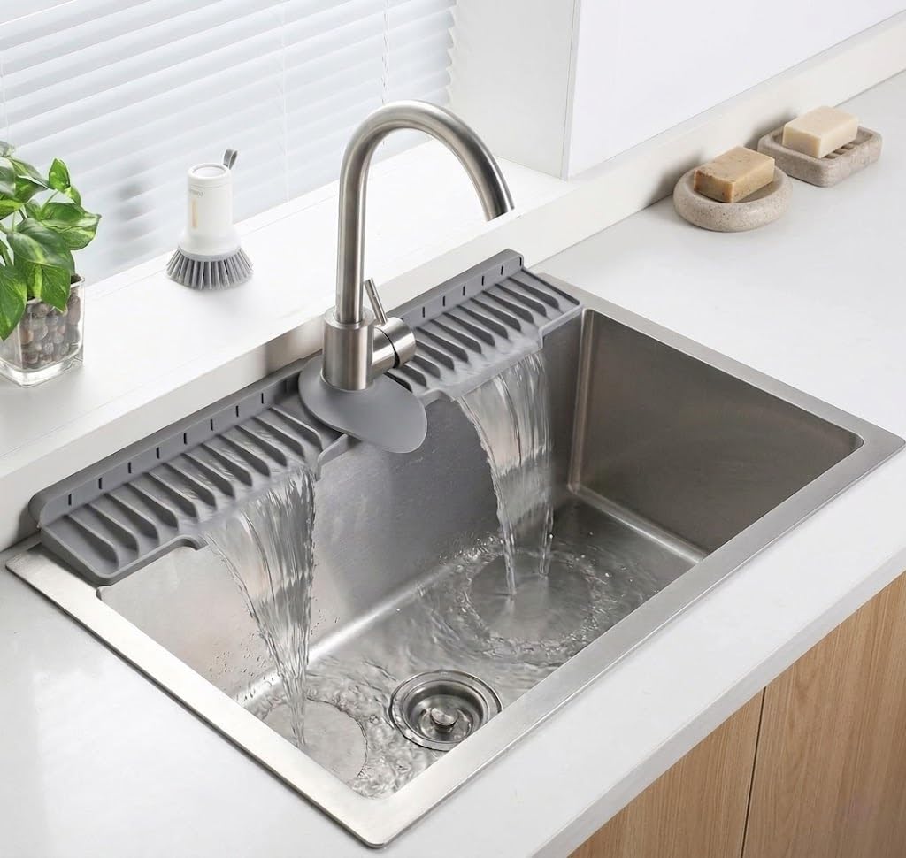 AZY 24 Inch Silicone Faucet Mat for Kitchen Sink Splash Guard | Self Draining Splash Guard Behind Faucet, Thickened Silicone Water Catcher with Foldable Barrier