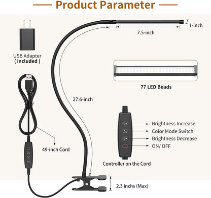 iZELL LED Desk Lamp for Home Office with Clamp [77 LEDs Light 3 Color Modes & 10 Brightness Levels] Flexible Gooseneck Book Lights, Easy Clip on Reading Headboard