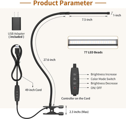 iZELL LED Desk Lamp for Home Office with Clamp [77 LEDs Light 3 Color Modes & 10 Brightness Levels] Flexible Gooseneck Book Lights, Easy Clip on Reading Headboard