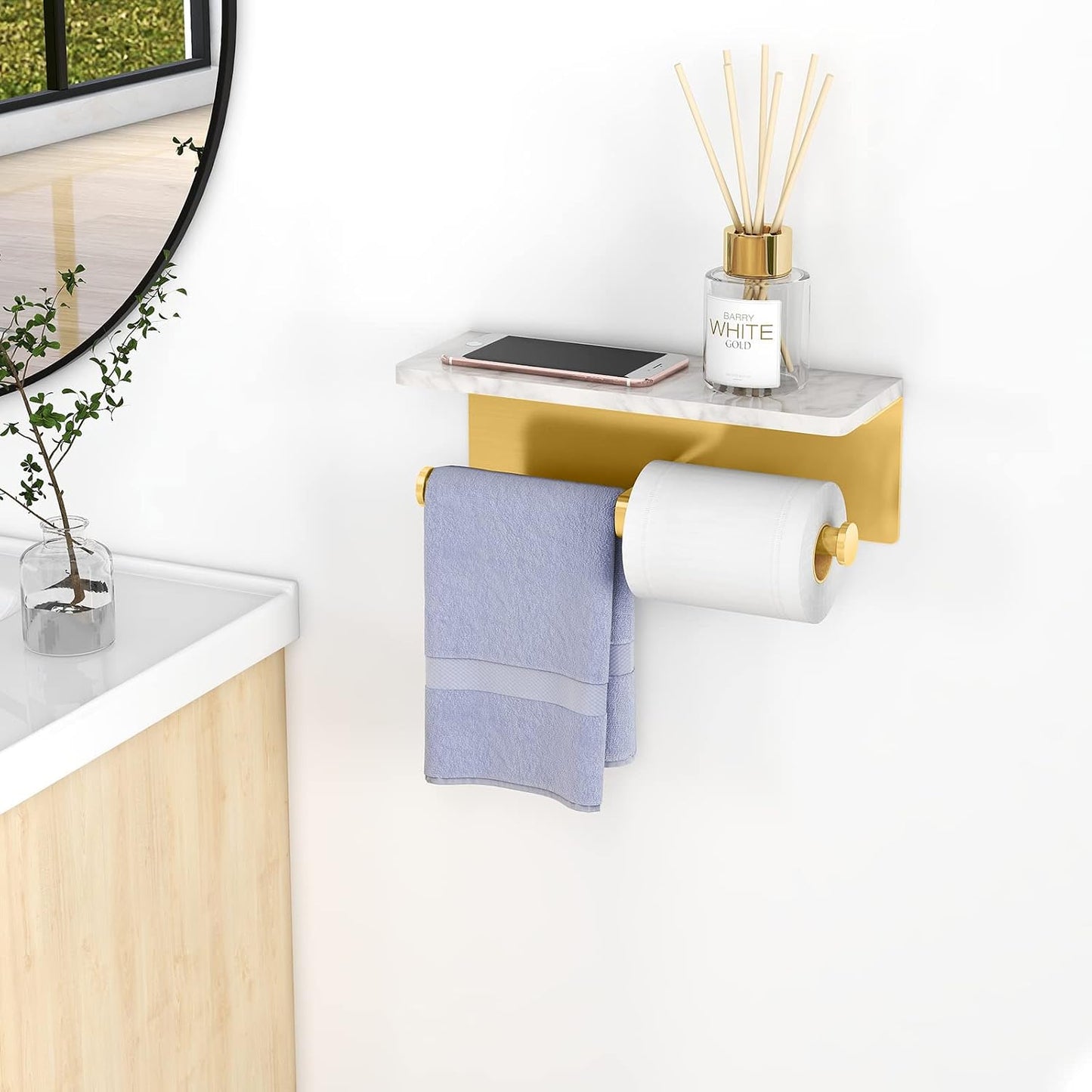 Gypie Marble Toilet Paper Holder with Shelf, Wall Mounted Matte Black | Stainless Steel Tissue Roll Paper Holder Dispenser for Bathroom Washroom