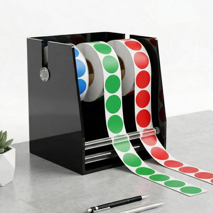 Sticker Dispenser Adjustable Label Roll Holder 2 Divider Disks | Holds 3 Rolls, Easy Assembly, Durable Acrylic, Fits Multiple Roll Sizes, Smooth Dispensing, Home, Office, Retail, Business