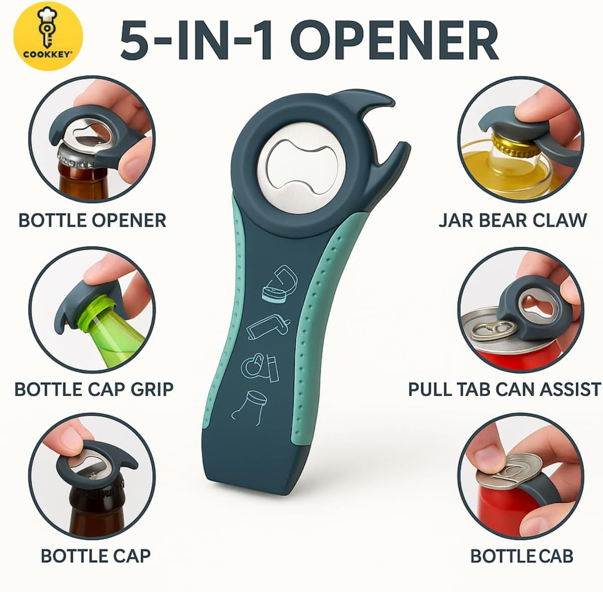 5-in-1 Jar Opener & Bottle Opener Set for Weak Hands – Easy Grip Lid Opener for Seniors and Arthritis, Multi-Function Kitchen Tool with Non-Slip Gripper Pads - COOKKEY