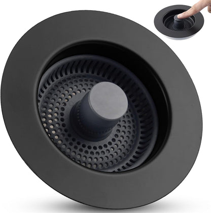 Universal 3 in 1 Kitchen Sink Drain Strainer Stopper Combo, Matte Black | Stainless Steel Shell Pop Up Sink Stopper for US Standard 3-1/2 inch Drain Filter, Anti-Clog and Easy Clean