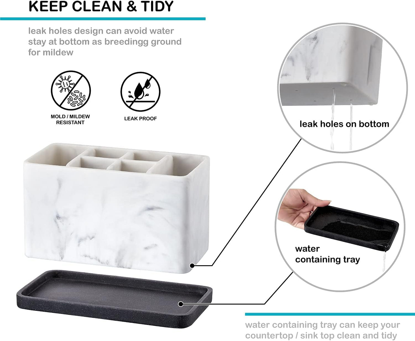 Marble Look Toothbrush Holder for Bathroom Countertop Organizer, Holds Toothpaste, Dental Floss, Razor, Comb, Makeup Brushes, and More, Stylish Bathroom Accessory for Tooth Brushing Essentials