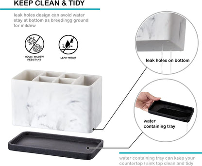 Marble Look Toothbrush Holder for Bathroom Countertop Organizer, Holds Toothpaste, Dental Floss, Razor, Comb, Makeup Brushes, and More, Stylish Bathroom Accessory for Tooth Brushing Essentials