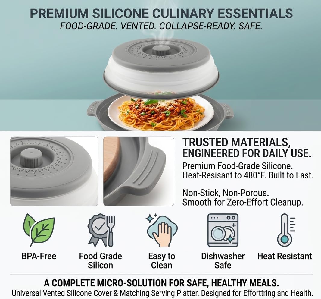 Anti-Scald Splatter Cover, Collapsible Vented Lid & Base, Fits 11" Plates | BPA-Free, Dishwasher Safe, Steam Vents for Even Heating. Collapsible Design for Easy Storage. Ideal for Meal Prep & Reheating