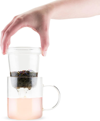 Pinky Up Blake Tea Infuser Mug with Lid, Glass Cups for Loose Leaf or Flowering Teas, Travel Mugs, Home Office, Picnic, Camping, 12 oz Set of 1, Clear