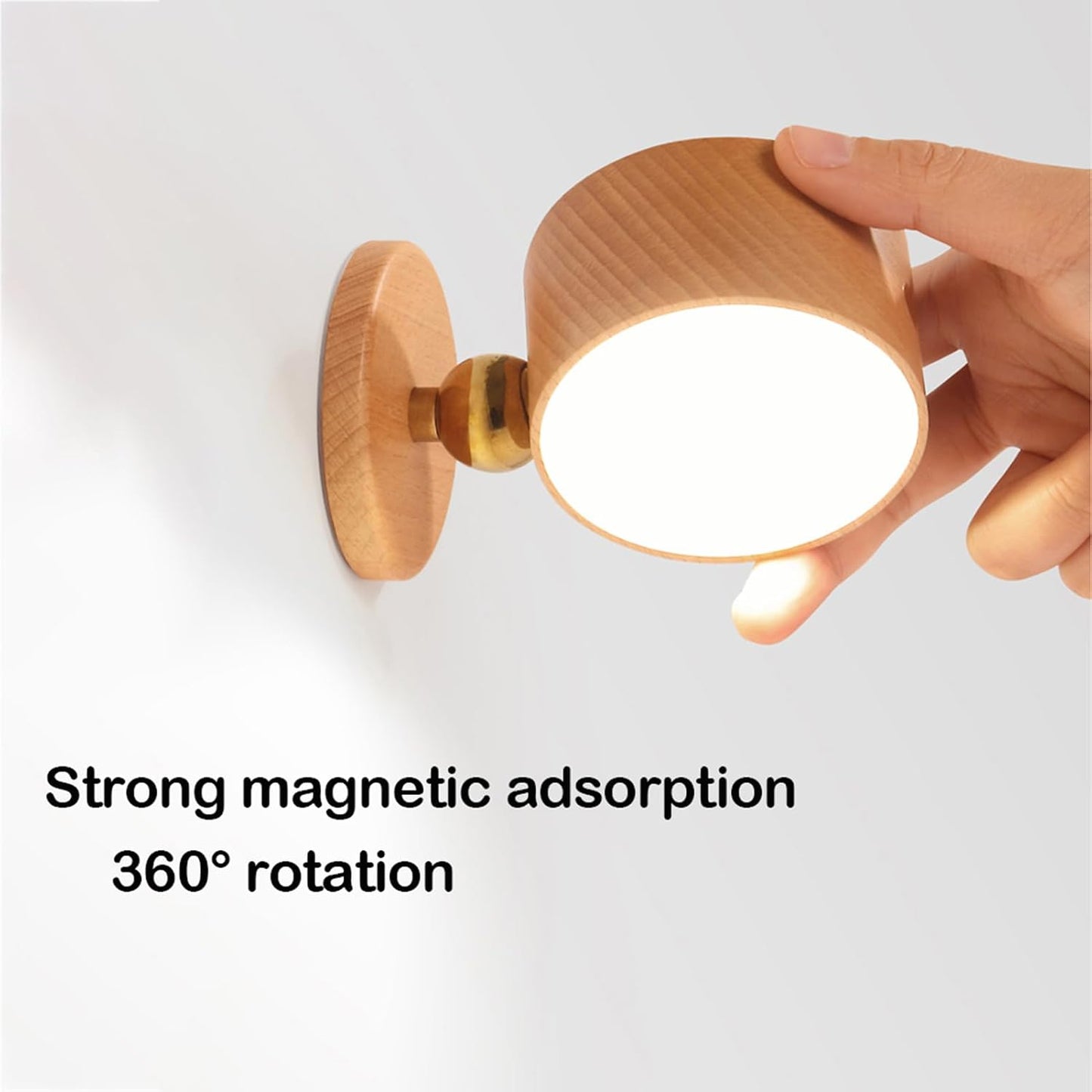 Wooden Wall Sconce 360° Rotatable Magnetic Stick on Bedside- Beech,1 PCS | Wall light self adhesive,dimmable touch control. USB-C port, minimalist style in hallways,closets,desk,reading,ambient