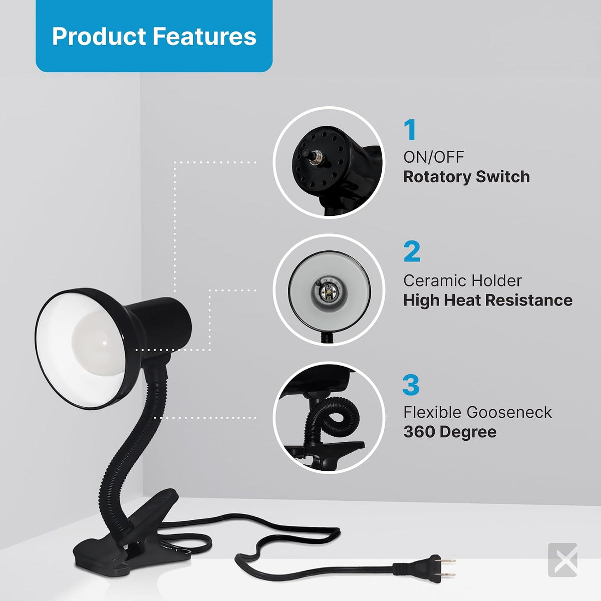 Xtricity LED Clip on Desk Lamp with 360° Flexible Gooseneck, White Finish