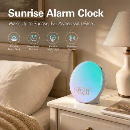 JALL Full Screen Dimmer Sunrise Alarm Clocks for Bedrooms, Wake Up Light with FM Radio, 25 White Noise Sleep Sounds, Bluetooth Speaker, Dual Alarms Bedside Clock for Heavy Sleepers