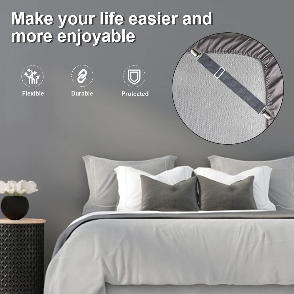 Sopito Sheet Straps, Adjustable Elastic Bed Sheet Holder, 4pcs White | Keep Sheet Firm & Tight, Non-Slip Strong Gripping Sheet Clips, Max Stretch 26.8'' for Crib to King Size Bed, Easy to Install