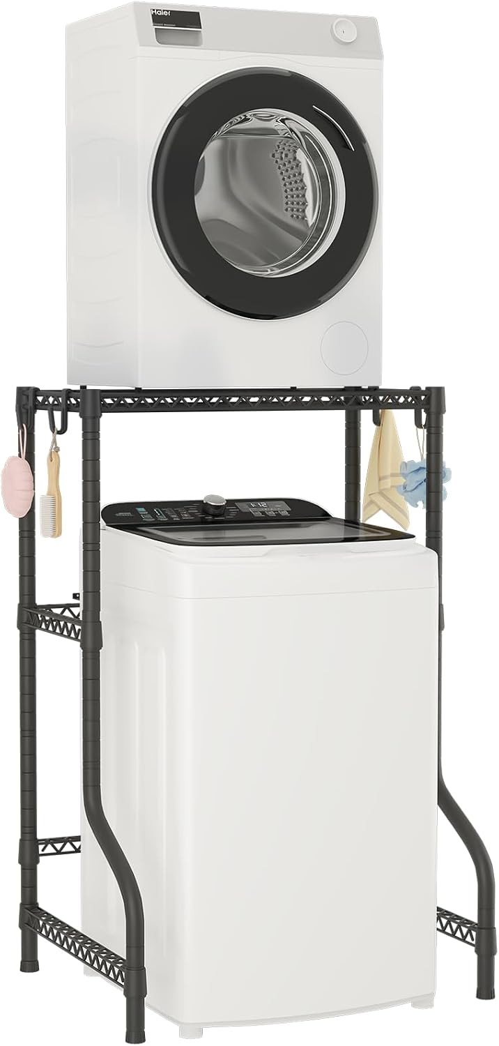 U16 Upgraded Washer Dryer Stacking Rack for Narrow Laundry Room | Metal Over Washer and Dryer Storage Shelves, Laundry Space Saver for Portable Dryer, 29.5"W x 23.6"D x 53.1"H, White