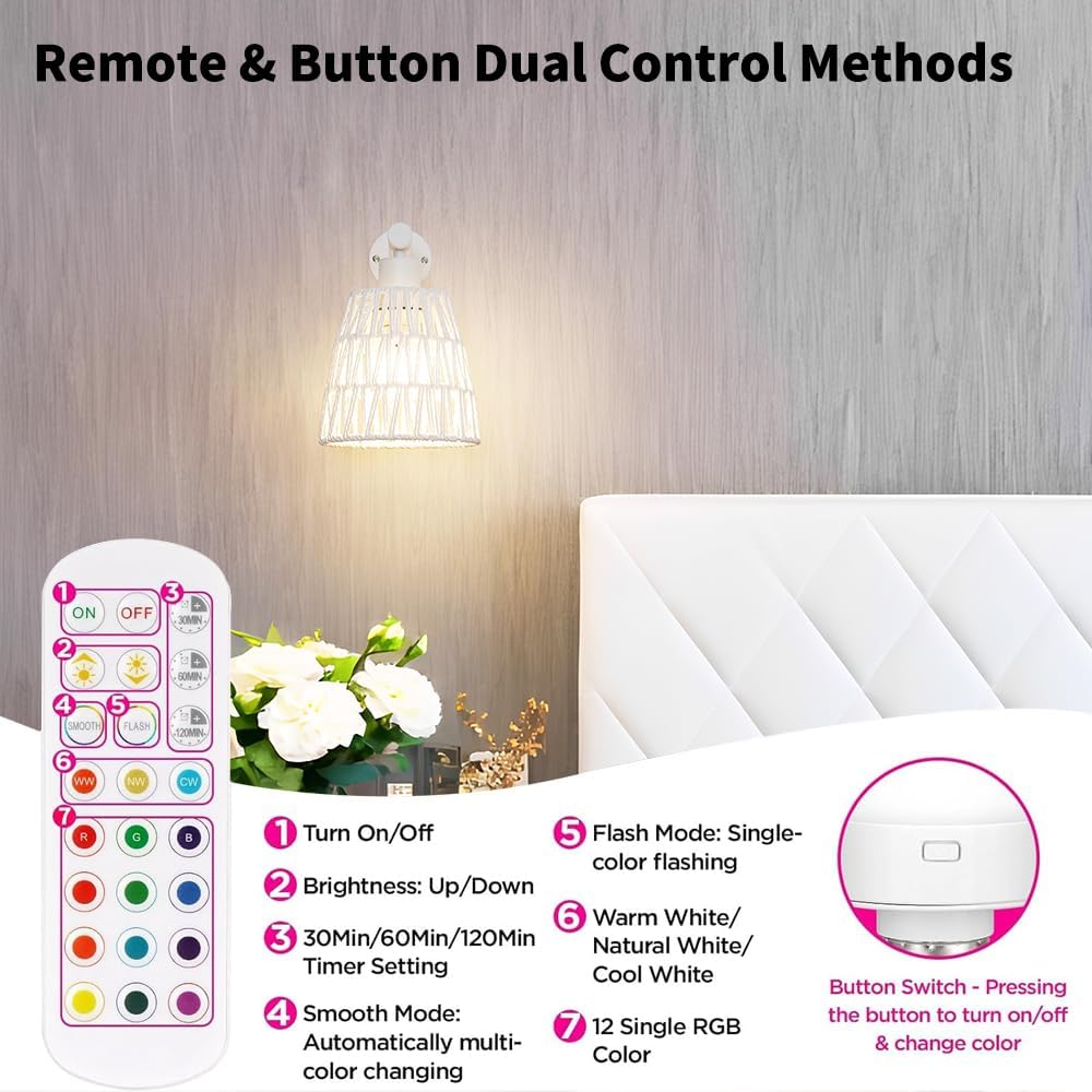 Boho Battery Operated Wall Sconces, Rattan Wall Sconce Set of 2 with Remote, RGB 15 Colors Dimmable Rechargeable Wall Light, Black Indoor Wireless Wall Lamp, Farmhouse Rattan Wall Lighting for Bedroom