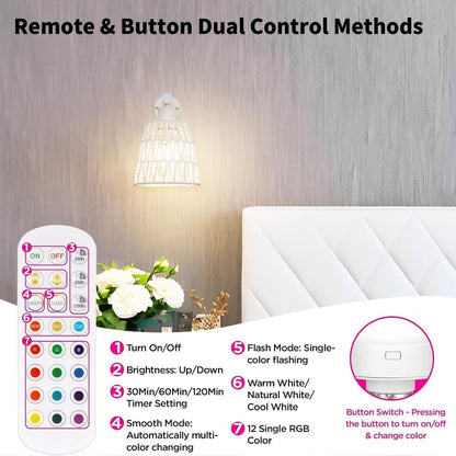 Boho Battery Operated Wall Sconces, Rattan Wall Sconce Set of 2 with Remote, RGB 15 Colors Dimmable Rechargeable Wall Light, Black Indoor Wireless Wall Lamp, Farmhouse Rattan Wall Lighting for Bedroom