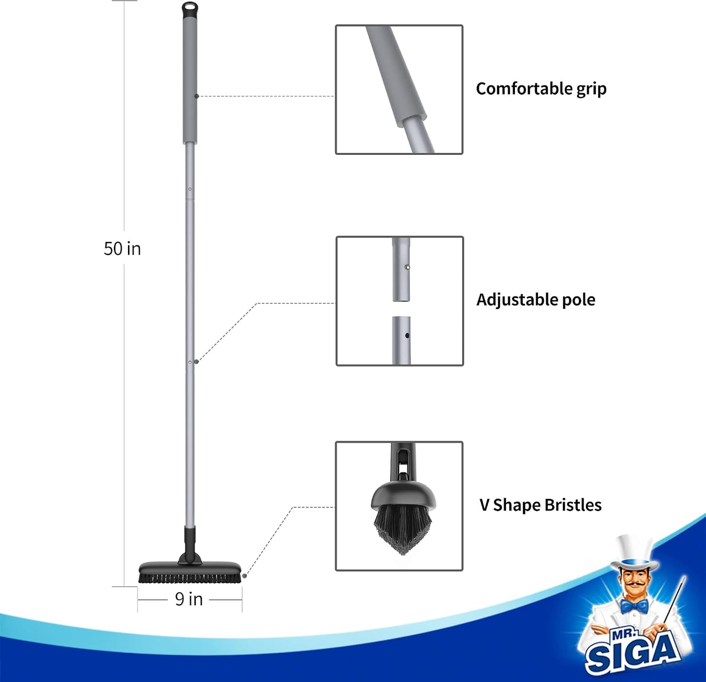 MR.SIGA Heavy Duty Grout Scrub Brush with Long Handle | Shower Floor Scrubber for Cleaning, Tile Scrub Brush with Stiff Bristles