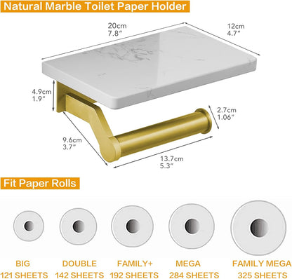 Hoimpro Toilet Paper Holder Wall Mounted, Marble Tissue Roll Rack | Brushed Gold | White Natural Marble Shelf Hand Paper Roll Holder, for Bathroom Kitchen Washroom Bedroom Aluminum