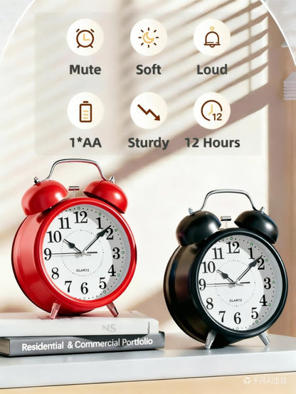 4 Inches Analog Alarm Clocks Retro Backlight Cute Simple Design with Night Light Silent Non-Ticking Battery Operated [Red]