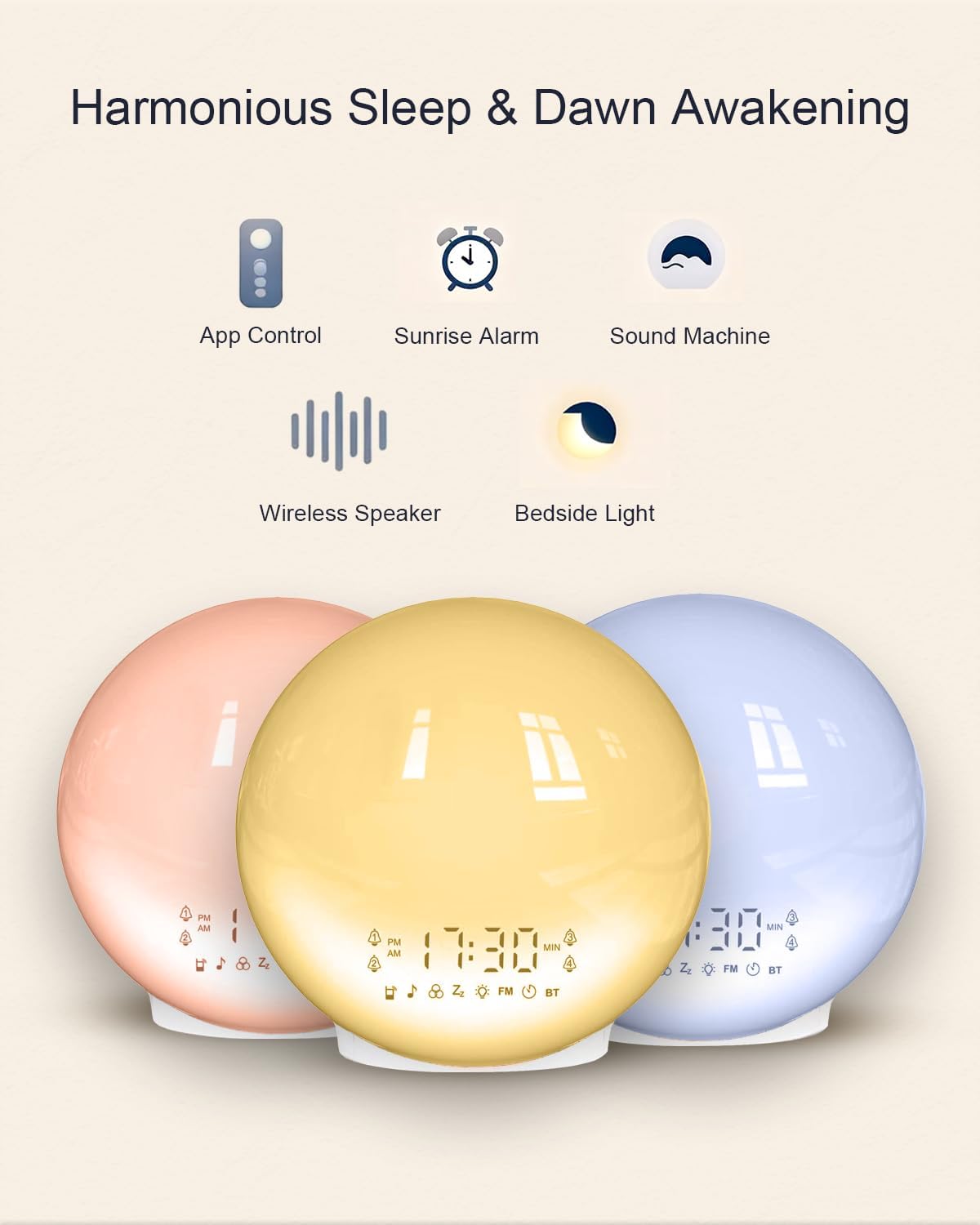 Smart Sunrise Alarm Clock with No Signup APP Control & Wake-Up Light, 4 Alarms, Sound Machine, FM Radio, Wireless Speaker, White