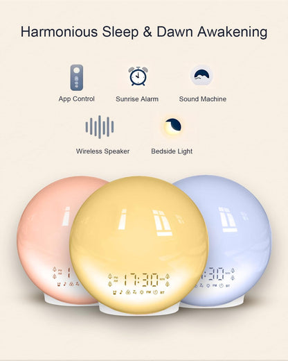 Smart Sunrise Alarm Clock with No Signup APP Control & Wake-Up Light, 4 Alarms, Sound Machine, FM Radio, Wireless Speaker, White