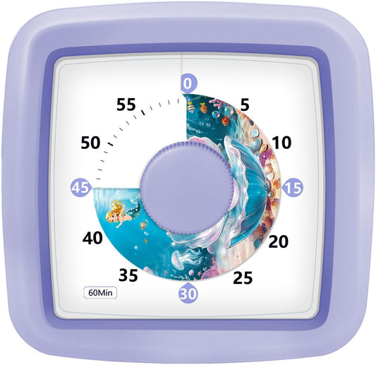 Kids Visual Timer 60 Minute – Countdown Clock for Homework, Kitchen Timer for Cooking, Silent Mini Timer with Cute Mermaid Shell Pattern, Gift Timers for Kids Focus & Daily Routines, Purple