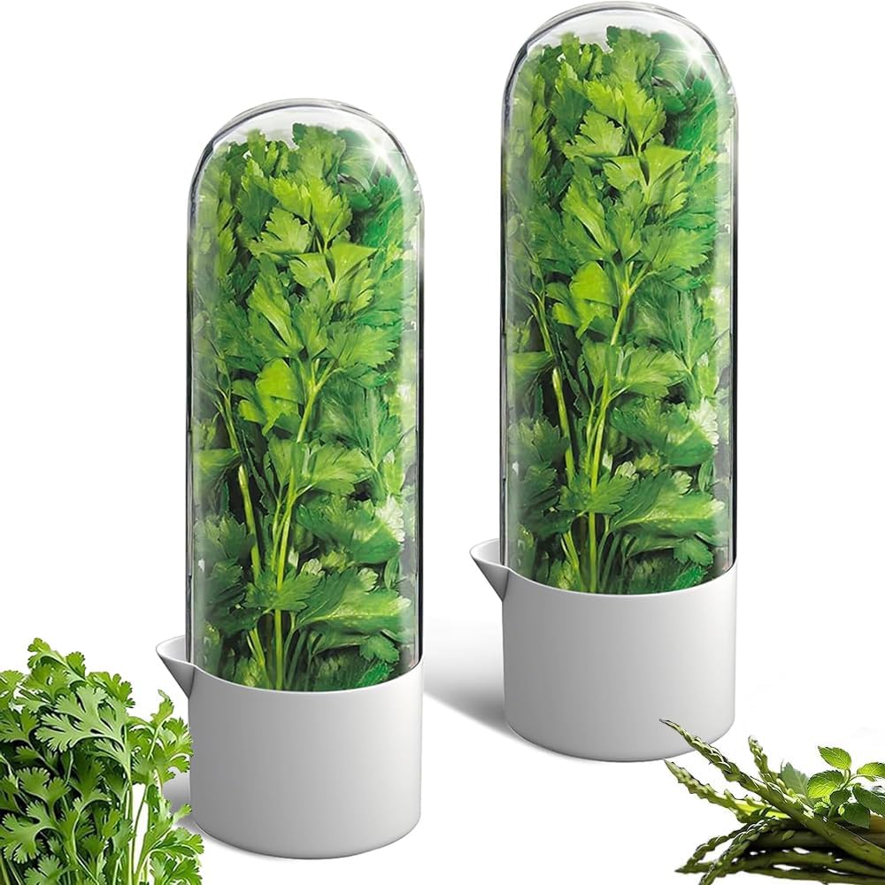 2 Pack Herb Keeper for Refrigerator, Clear BPA-Free Fresh Herb Saver | BPA-Free, Fridge Storage Container, For Cilantro, Parsley, Thyme, Mint & Asparagus, 2-3 Weeks Freshness