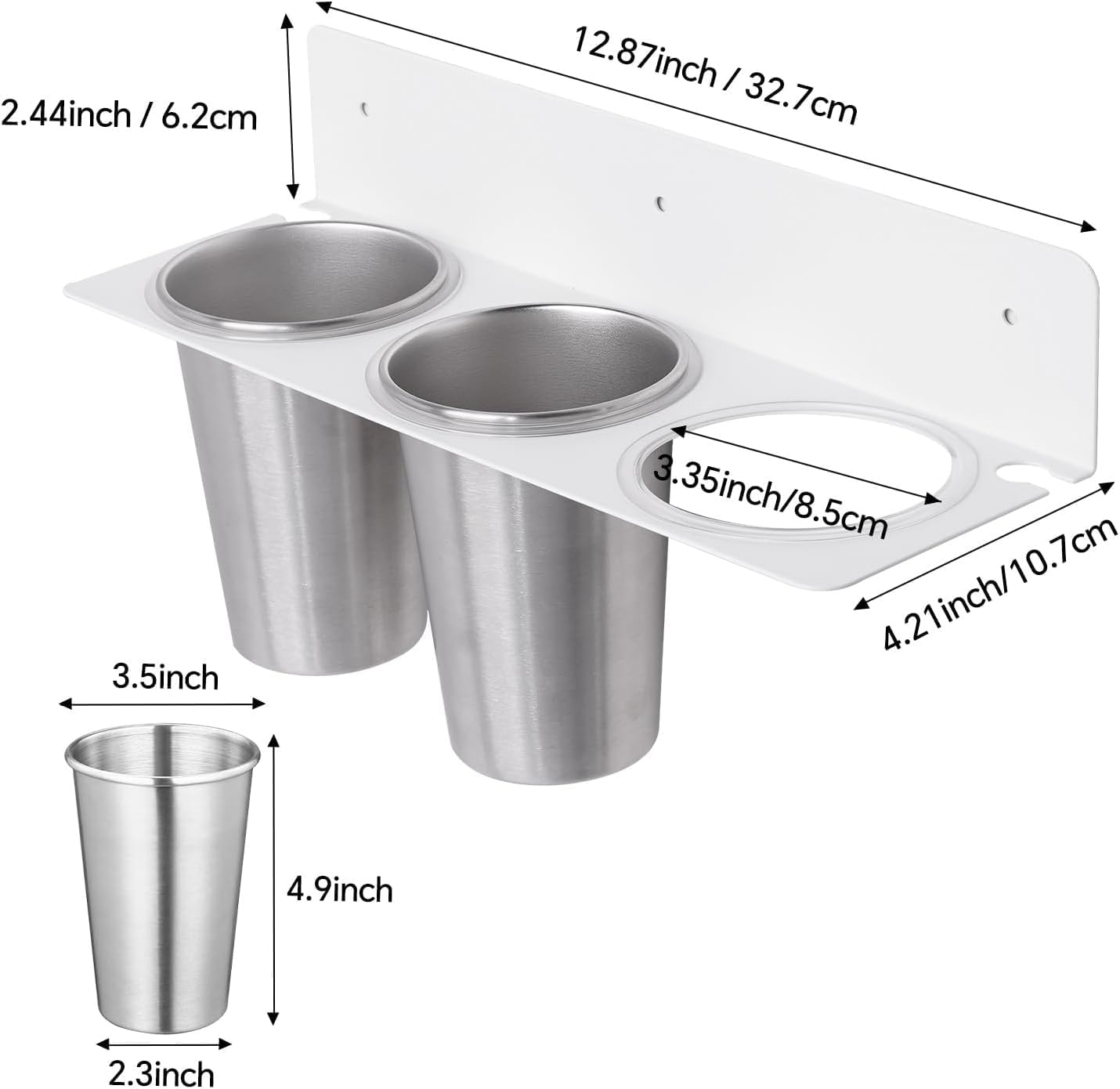 Hair Tool Organizer Wall Mount, Stainless Steel Hair Tool Holder with 2 Heat-Resistant Cups, Curling Iron Holder for Vanity, Hot Tools Organizer with PVC Ring,Hair Dryer Holder for Bathroom, BANJEKT