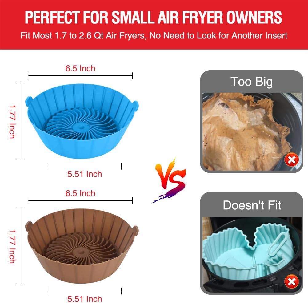 Small Air Fryer Silicone Liners for COSORI/Instant Pot/Chefman/Ninja/Dash/Bella/GoWise/COSMO Air Fryer 2QT 2.1QT 2.3QT 2.5QT, 2 Pack Reusable Silicone Basket Pot Baking Tray AirFryer Accessories