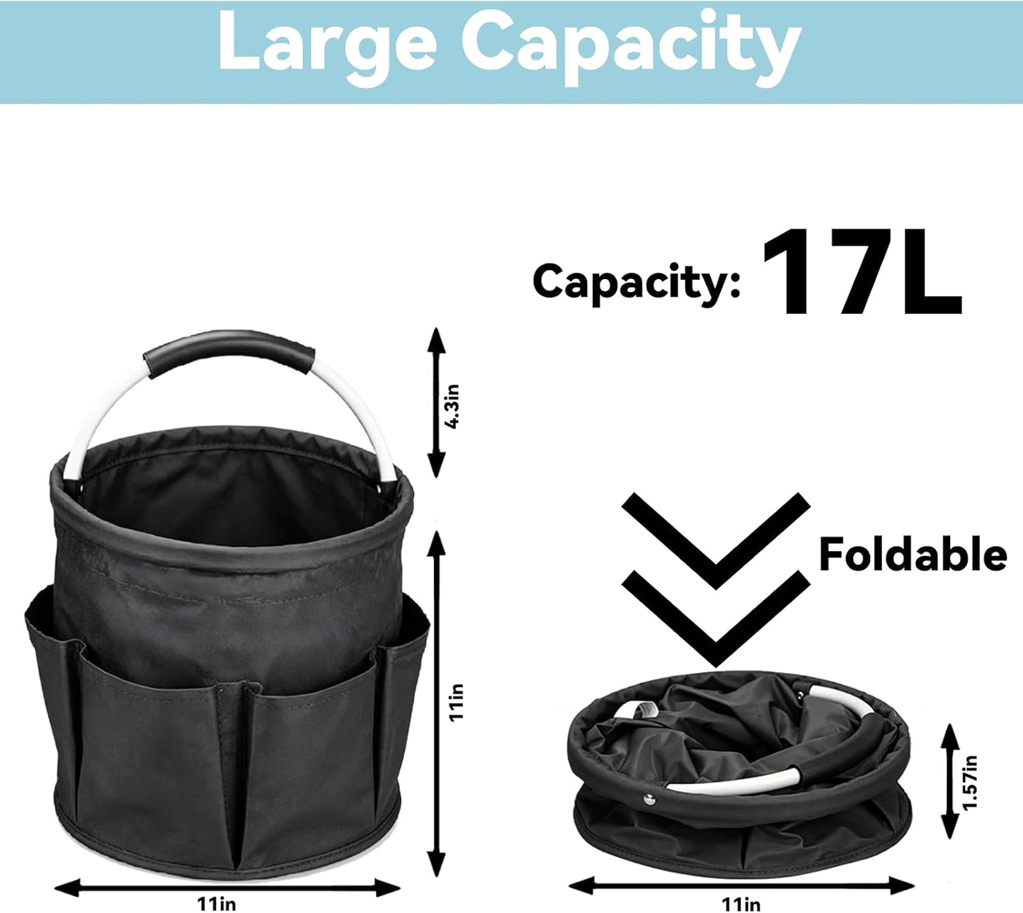 UFORU Cleaning Caddy with Handle, 17L Foldable Organizer with 6 Pockets | 600D Oxford Fabric, Durable, Waterproof, Large Capacity, Space-Saving Foldable, Multi Cleaning Bucket Bag for Home, Garden