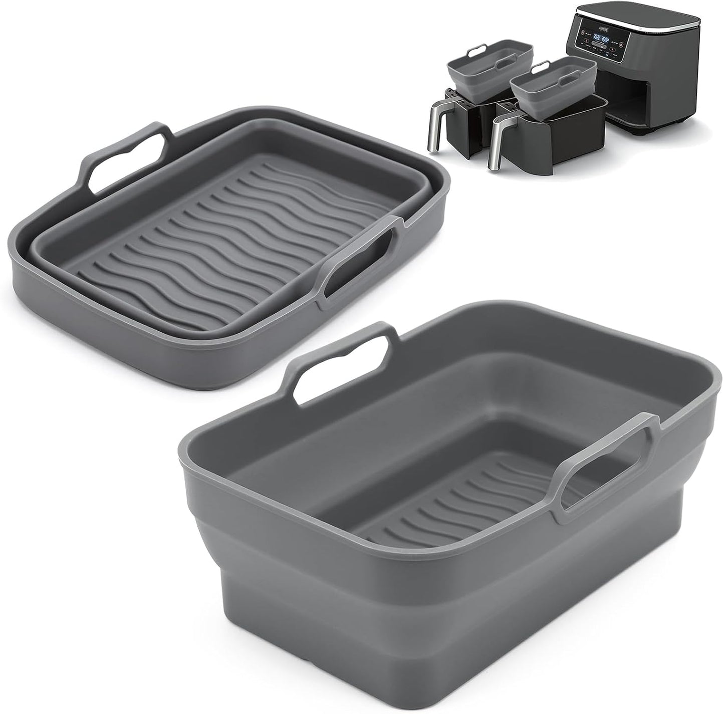 2Pcs Air Fryer Silicone Liners with Magnetic Cheat Sheet, 8-10 QT, Grey | 2 Pack, Reusable, Replacement Basket Bowl, Collapsible Baking Tray, Air Fryer Accessories