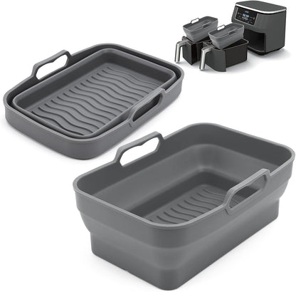 2Pcs Air Fryer Silicone Liners with Magnetic Cheat Sheet, 8-10 QT, Grey | 2 Pack, Reusable, Replacement Basket Bowl, Collapsible Baking Tray, Air Fryer Accessories