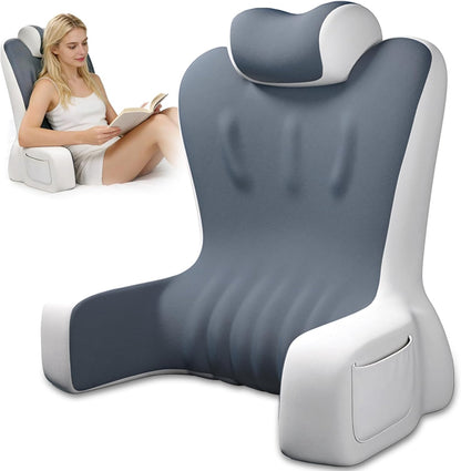Reading Pillow- Memory Foam Back Pillow for Bed Sitting Up, Ergonomic Lumbar Support Cushion with Arms for Reclining, Gaming, Working, Resting, Watching TV﻿ (Grey)