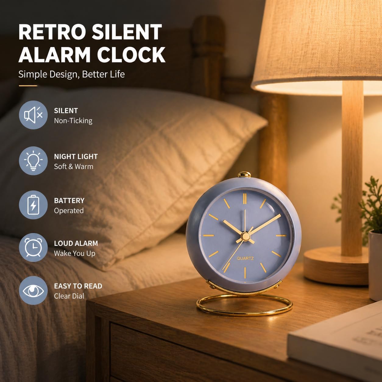 AYRELY® Battery Operated Analog Desk Alarm Clock with Light, Table Clock | Retro Aesthetic Clock with Silent Non-Ticking Movement for Bedside, Bedroom, Kitchen, Office, Travel & Kids' Room(Light Pink)