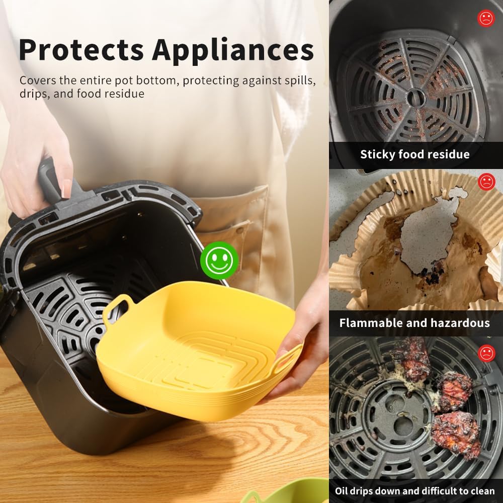 Air Fryer Silicone Liners Square 8.5 Inches 2pc Non-Stick food grade Reusable Airfryer Silicone Pot Baking Basket Bowl for 5.8 to 8 Qt Air Fryer Backing Tray Over Accessories | 8.5 Inches 2pc Reusable Airfryer Silicone Pot Baking Basket Bowl for 5.8 to 8