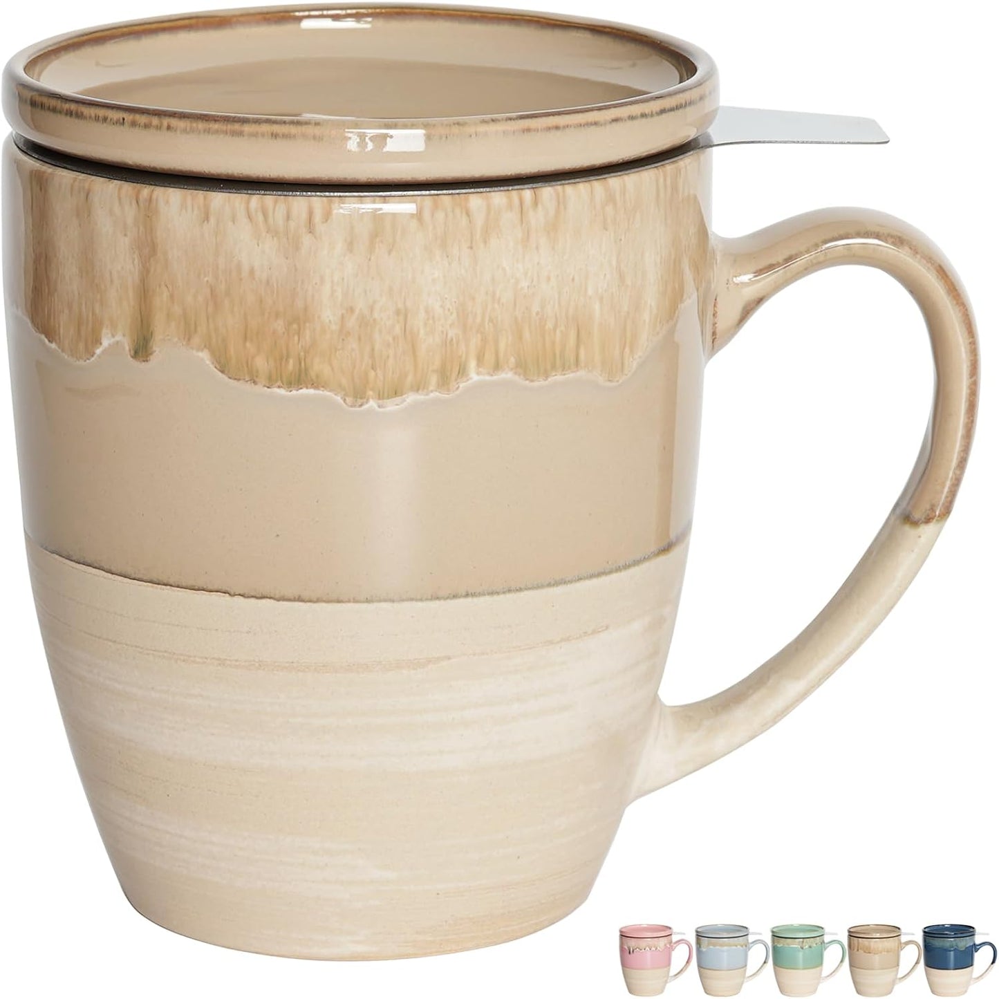 Bosmarlin Ceramic Tea Cup with Infuser and Lid, 16 Oz, Dishwasher and Microwave Safe, 5 Colors to Choose, Reactive Glaze, Steeping Tea Mug with Strainer (Green)