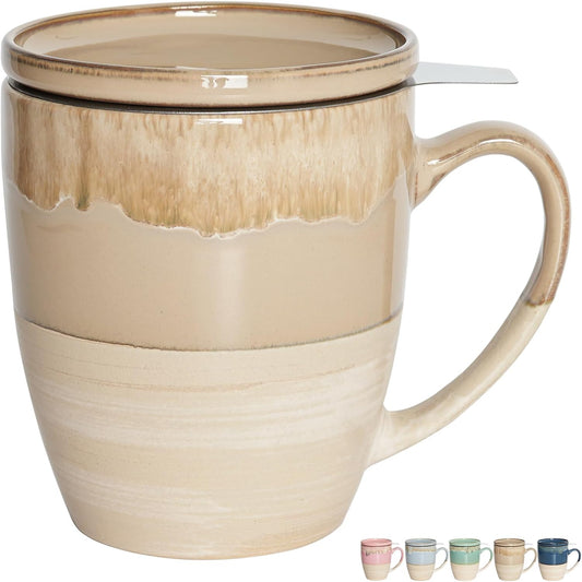 Bosmarlin Ceramic Tea Cup with Infuser and Lid, 16 Oz, Dishwasher and Microwave Safe, 5 Colors to Choose, Reactive Glaze, Steeping Tea Mug with Strainer (Green)