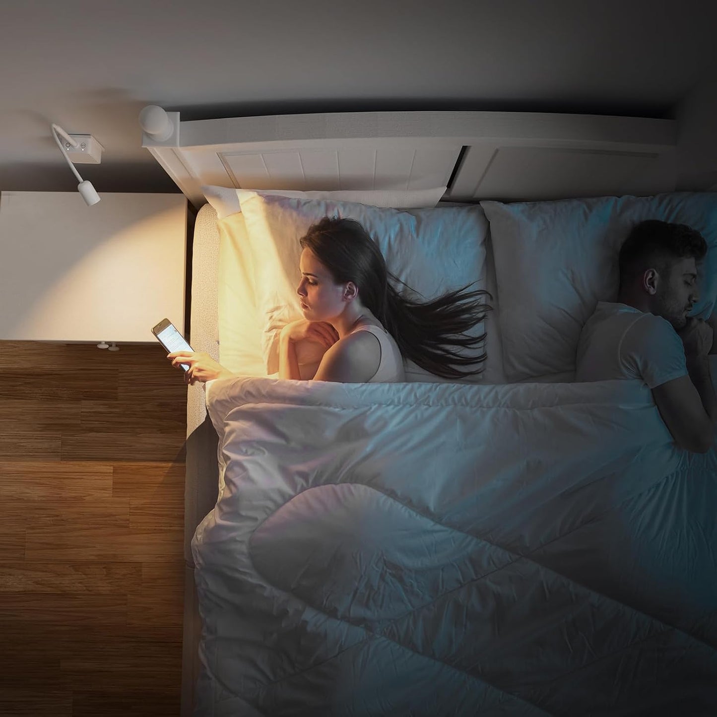 Plug in LED Book Reading Spot Light, White Dimmable Wall Sconce Lamp with Power Plug and Outlet Extender for Kitchen Bedroom Living Room, 3 Lighting Colors, USB Output Charging Ports
