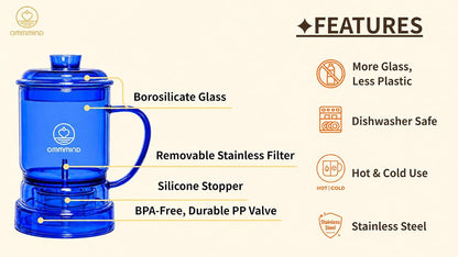 Glass Tea Infuser, Easy Drain for Loose Leaf, 15.2 oz, Black | Fits rims under 3.15 in; set on mug to drain, lift to stop, helps limit bitterness. Dishwasher safe; tea bags, herbs, coffee